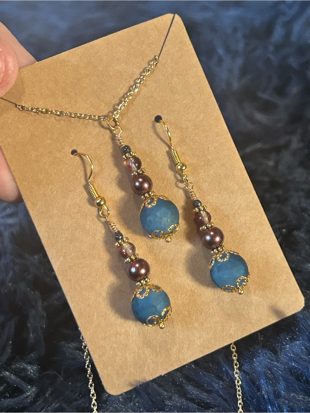 Handcrafted blue crackle glass pearl cat eye necklace and earring set